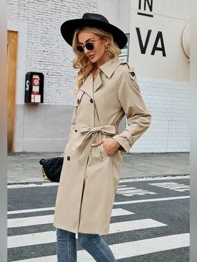 Classic Women's Double Breasted Long Trench Coat Khaki Slim Fit